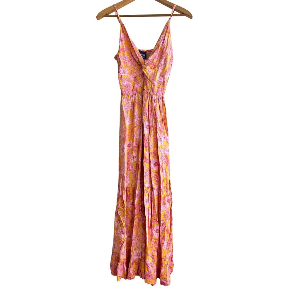 Sz M Angie Sundress Maxi Length Floral design Boho Pink and Orange Hippie Dress